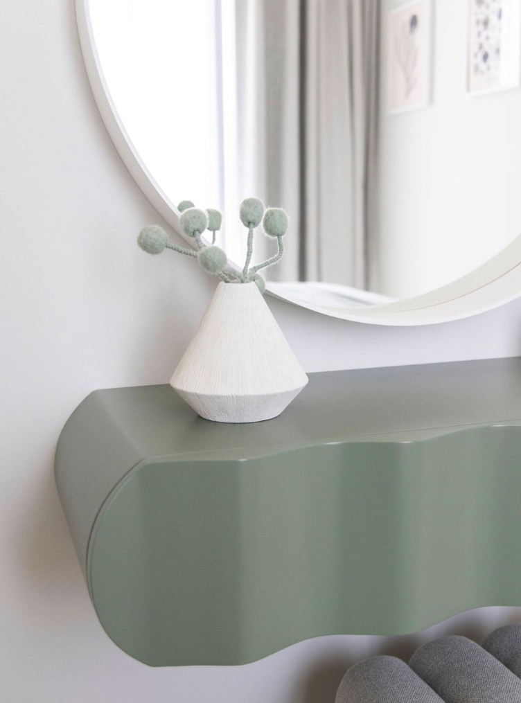 
                  
                    Altair green dressing table with round mirror above
                  
                