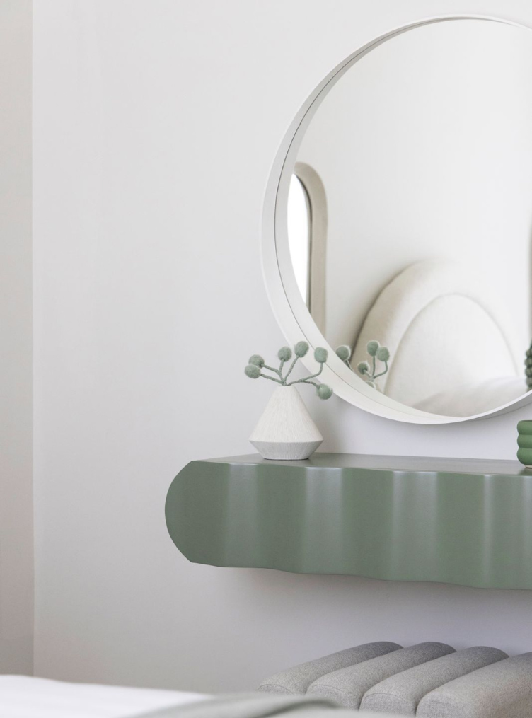 
                  
                    Altair green dressing table with round mirror above
                  
                